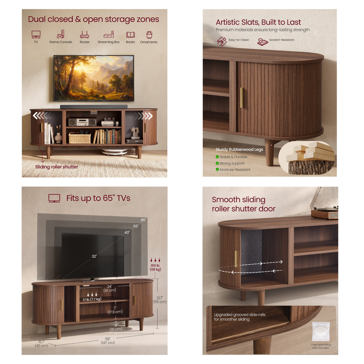 Mid-Century TV Stand with Curved Slatted Sliding Doors, 57.9" Entertainment Center, for Living Room, Chestnut Walnut