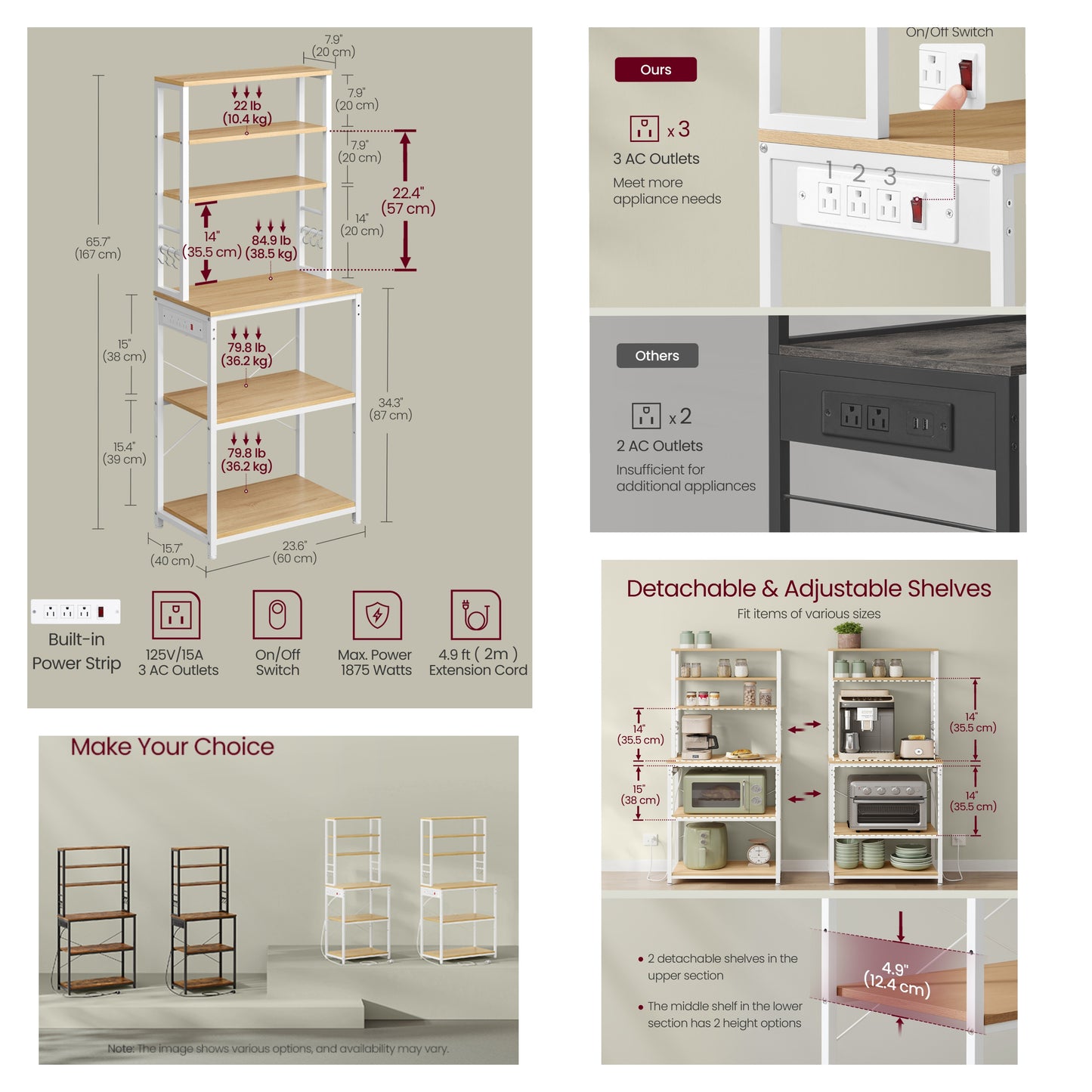 Bakers Rack with Power Outlet, 6-Tier Coffee Bar Storage Shelf, 23.6" Microwave Stand with 6 Hooks, Golden Oak and Cloud White