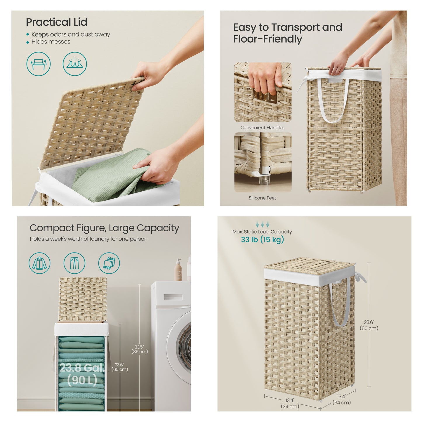 Laundry Hamper with Lid, 17.2 Gal Rattan-Style Clothes Basket, Foldable with Removable Washable Liner & Handles, Summer Sand