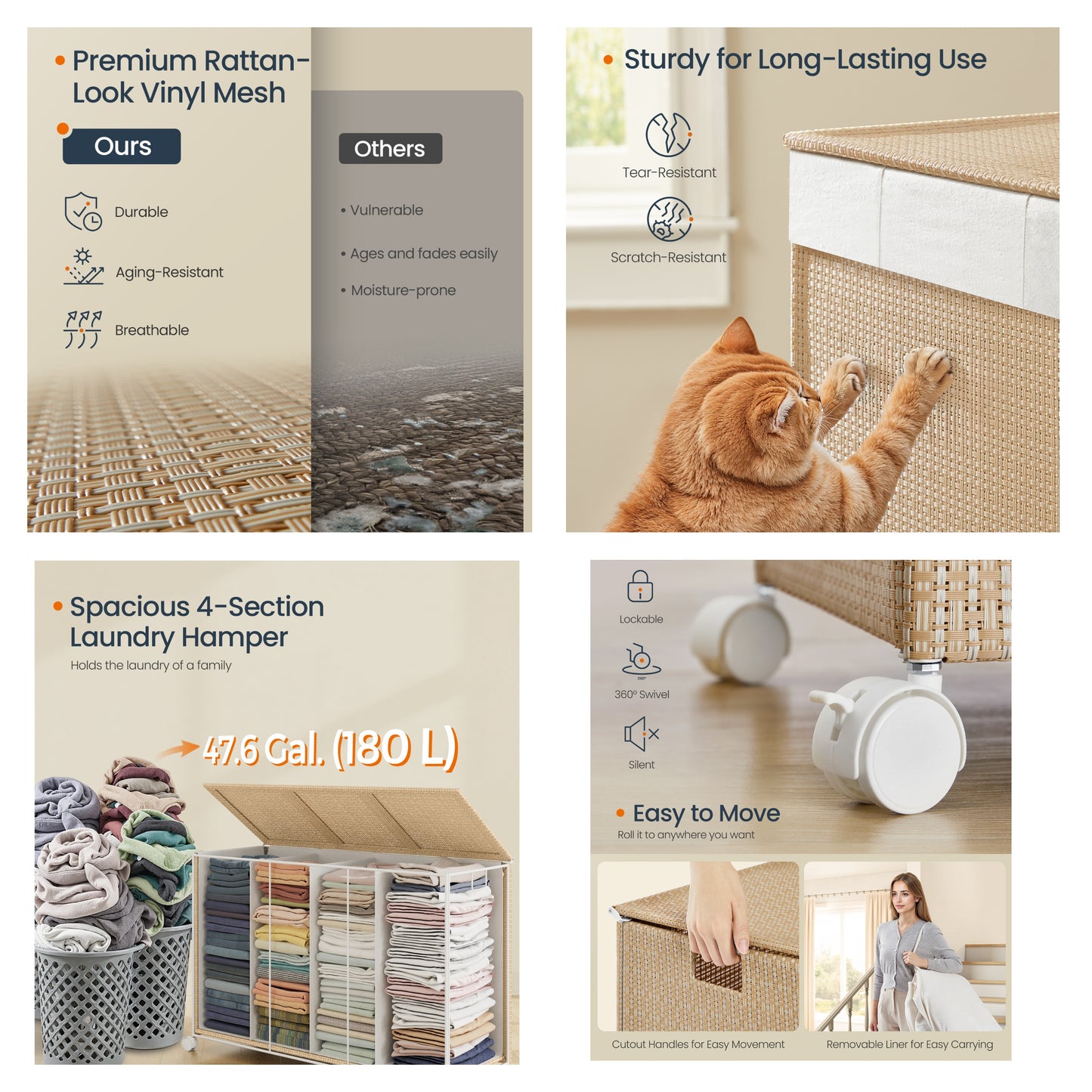 4-Section Rolling Laundry Hamper with Lid, 47.6 Gal Rattan-Style Basket on Wheels, Removable Washable Liner, Natural Beige and Matte White