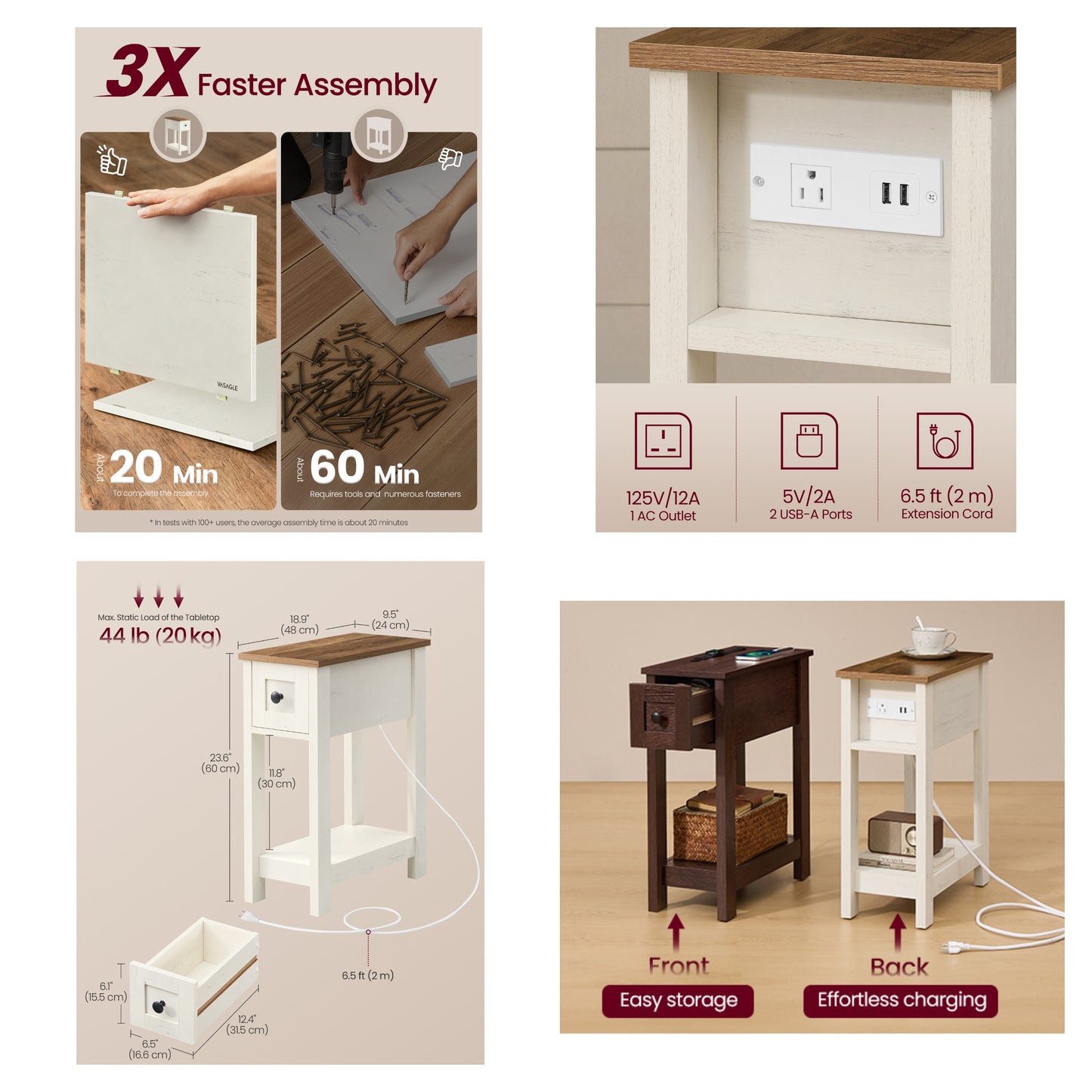 Farmhouse End Table with Charging Station, Narrow Side Table with Drawer, Nightstand, 18.9" x 9.5" x 23.6", Honey Brown and Rustic White