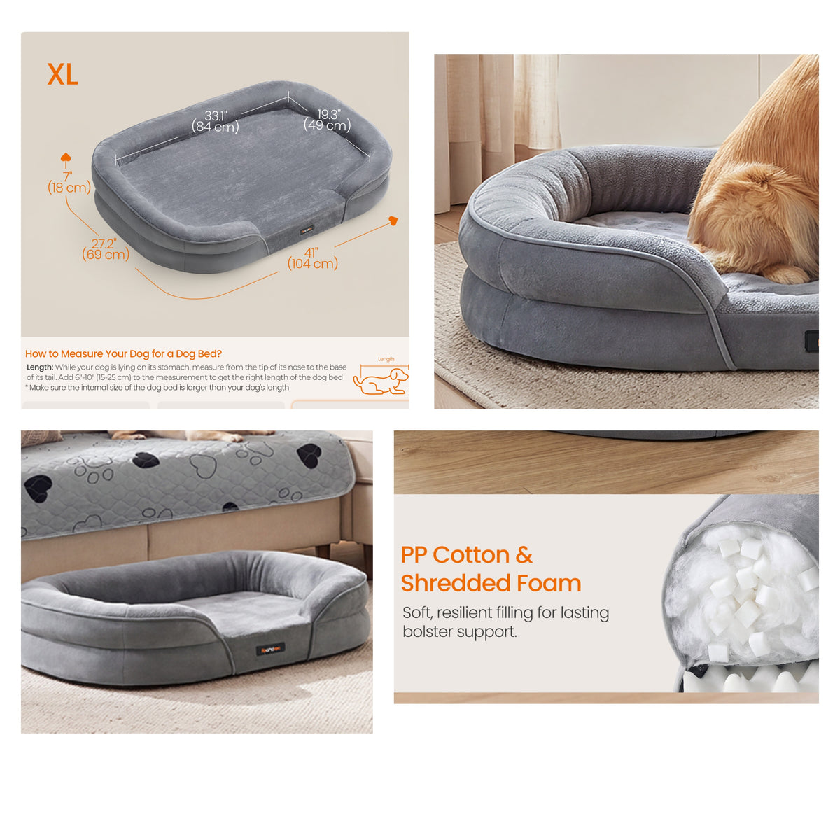 LEDREM Orthopedic Dog Sofa Bed with Egg Crate Foam and Washable Flannelette Fabric Cover, 40.9 x 27.2 x 7.1 inches, Gray