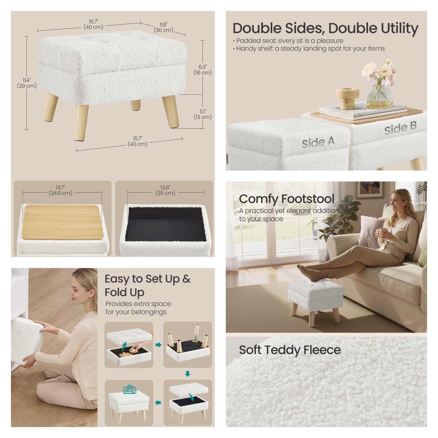 Rectangular Storage Ottoman with Teddy Fleece, 11.8 x 15.7 Inch Foot Stool and Small Table for Living Room and Hallway, Cream White