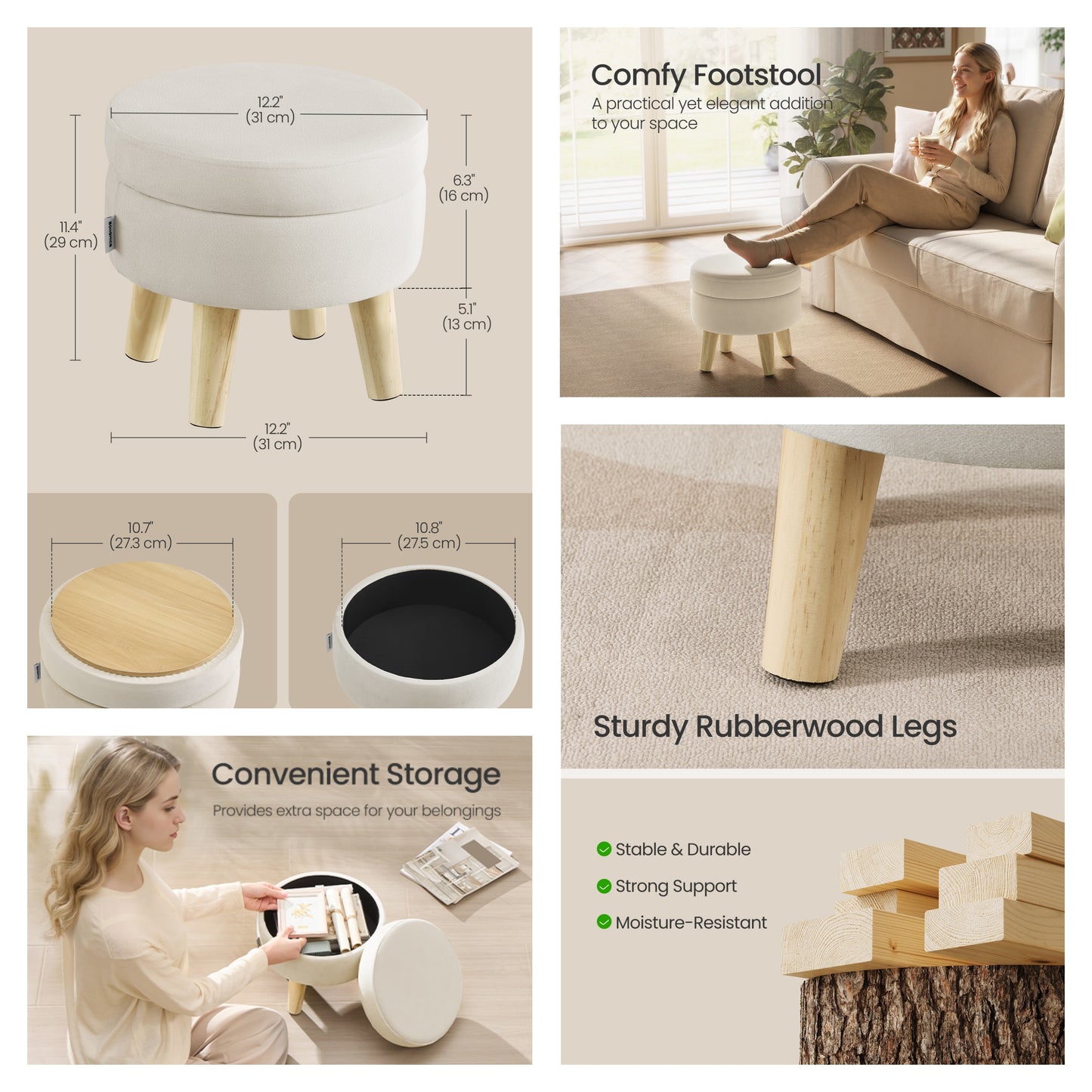 Round Storage Ottoman with Velvet Padded Seat, 12.2-Inch Foot Stool and Small Table for Living Room and Hallway, Cream White