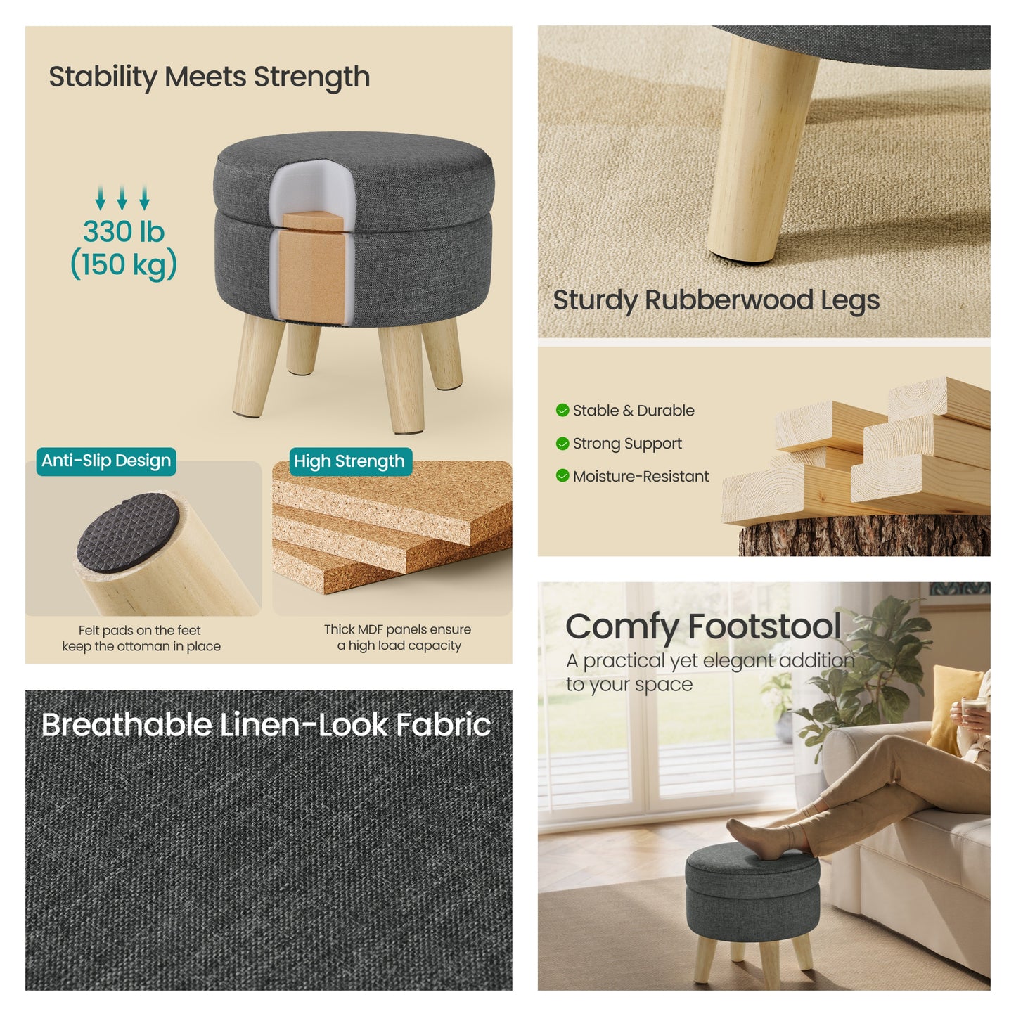 Round Storage Ottoman with Linen-Look Fabric, 12.2-Inch Foot Stool and Small Table for Living Room and Hallway, Slate Gray