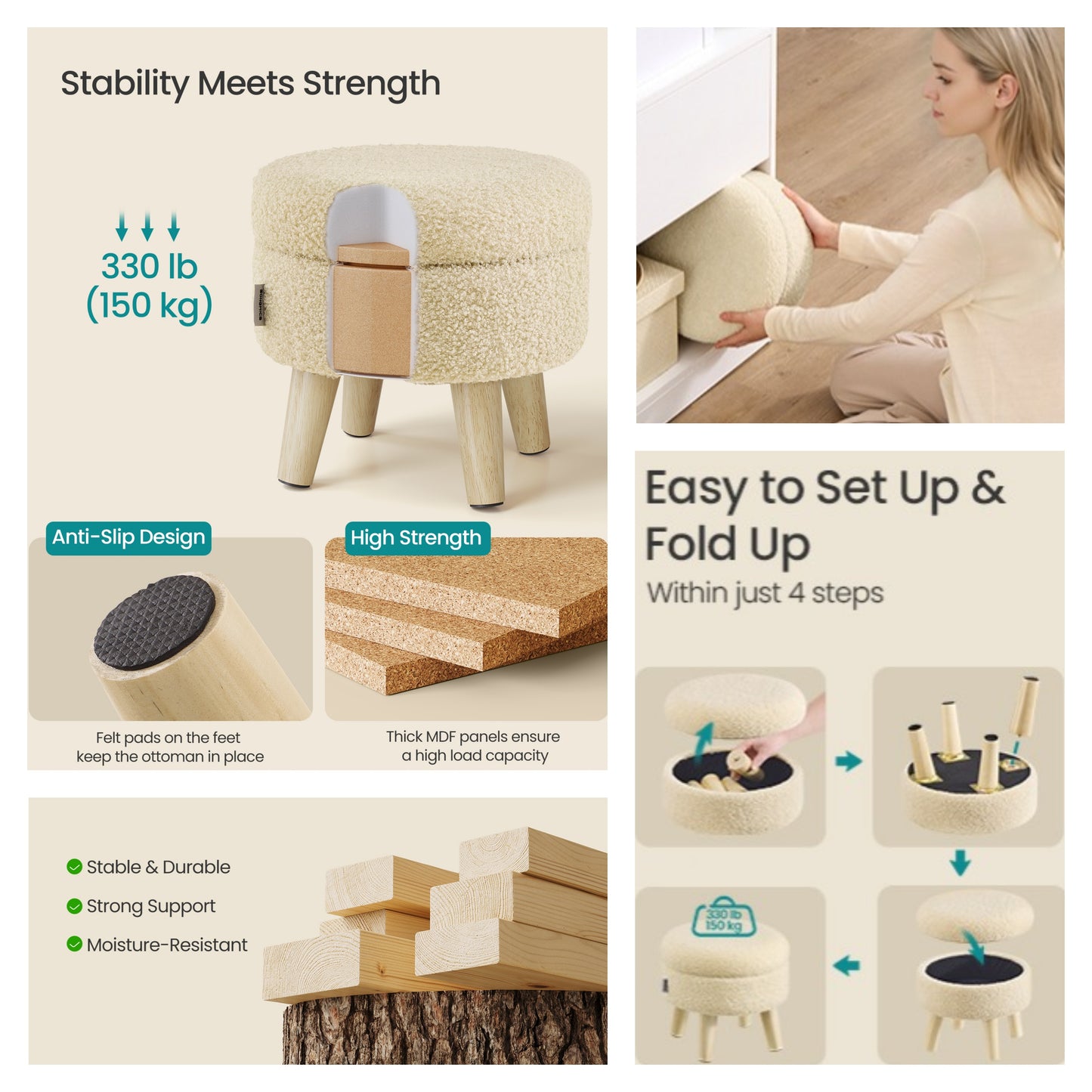 Round Storage Ottoman with Teddy Fleece Seat, 31 cm Foot Stool and Small Table for Living Room and Hallway, Summer Sand