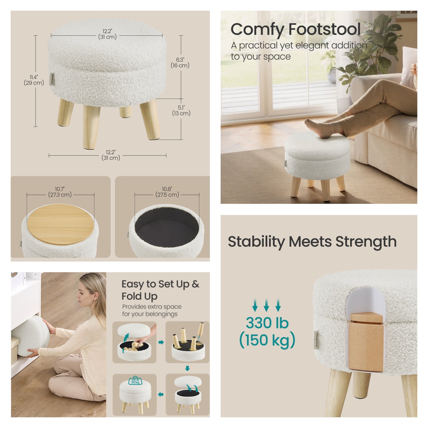 Round Storage Ottoman with Teddy Fleece Seat, 31 cm Foot Stool and Small Table for Living Room and Hallway, White