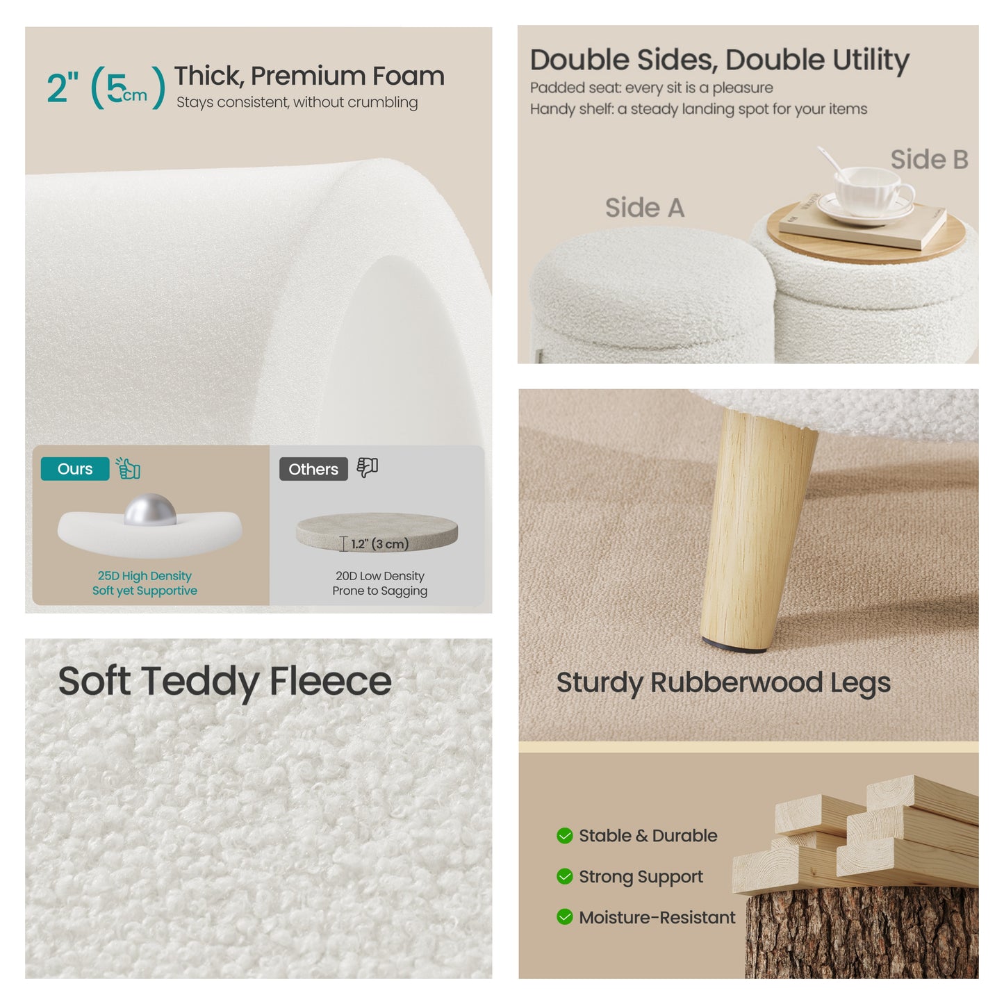 Round Storage Ottoman with Teddy Fleece Seat, 31 cm Foot Stool and Small Table for Living Room and Hallway, White