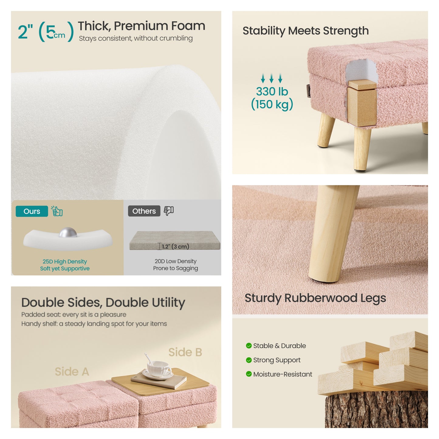 Rectangular Storage Ottoman with Teddy Fleece, 11.8 x 15.7 Inch Foot Stool and Small Table for Living Room, Jelly Pink