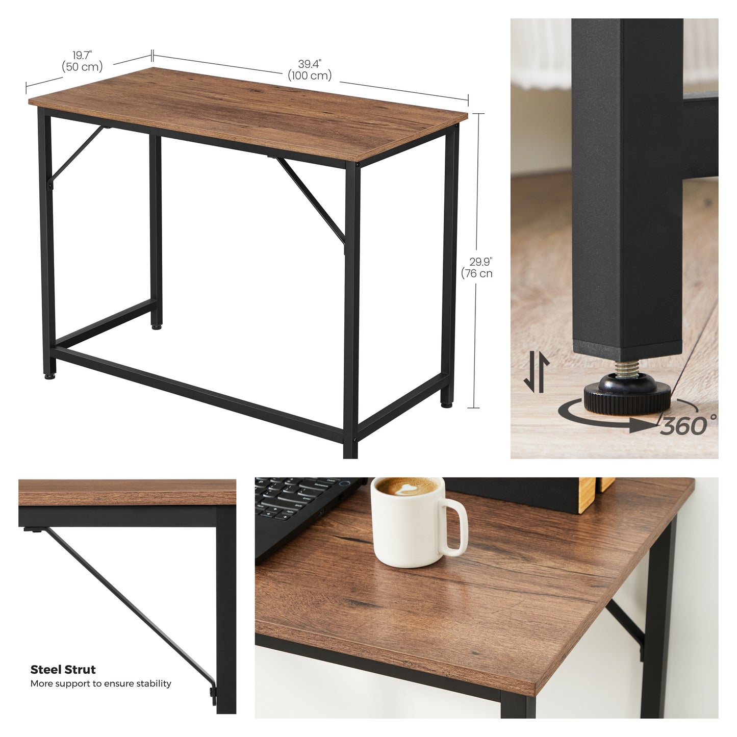 Gaming Computer Desk, 39.4" Small Space Desk with Metal Frame, Industrial Style Home Office Desk, 110 lb Capacity, Hazelnut Brown and Black