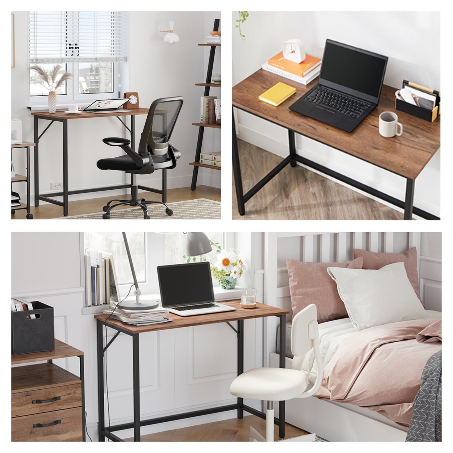 Gaming Computer Desk, 39.4" Small Space Desk with Metal Frame, Industrial Style Home Office Desk, 110 lb Capacity, Hazelnut Brown and Black
