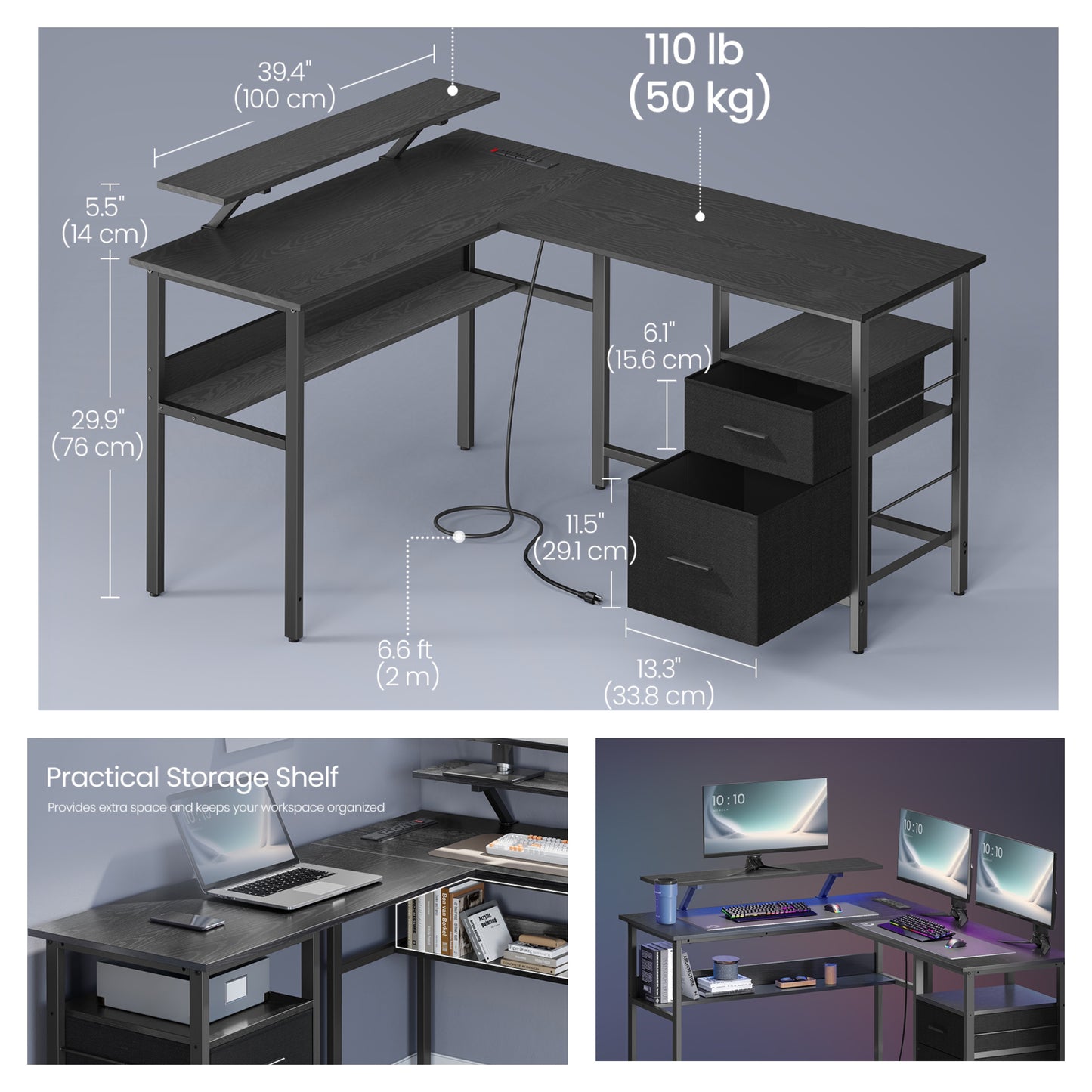 L-Shaped Computer Desk with LED Lights & Power Outlets, Gaming Desk with Monitor Stand & 2 Drawers, Corner Desk for Home Office, Ebony Black