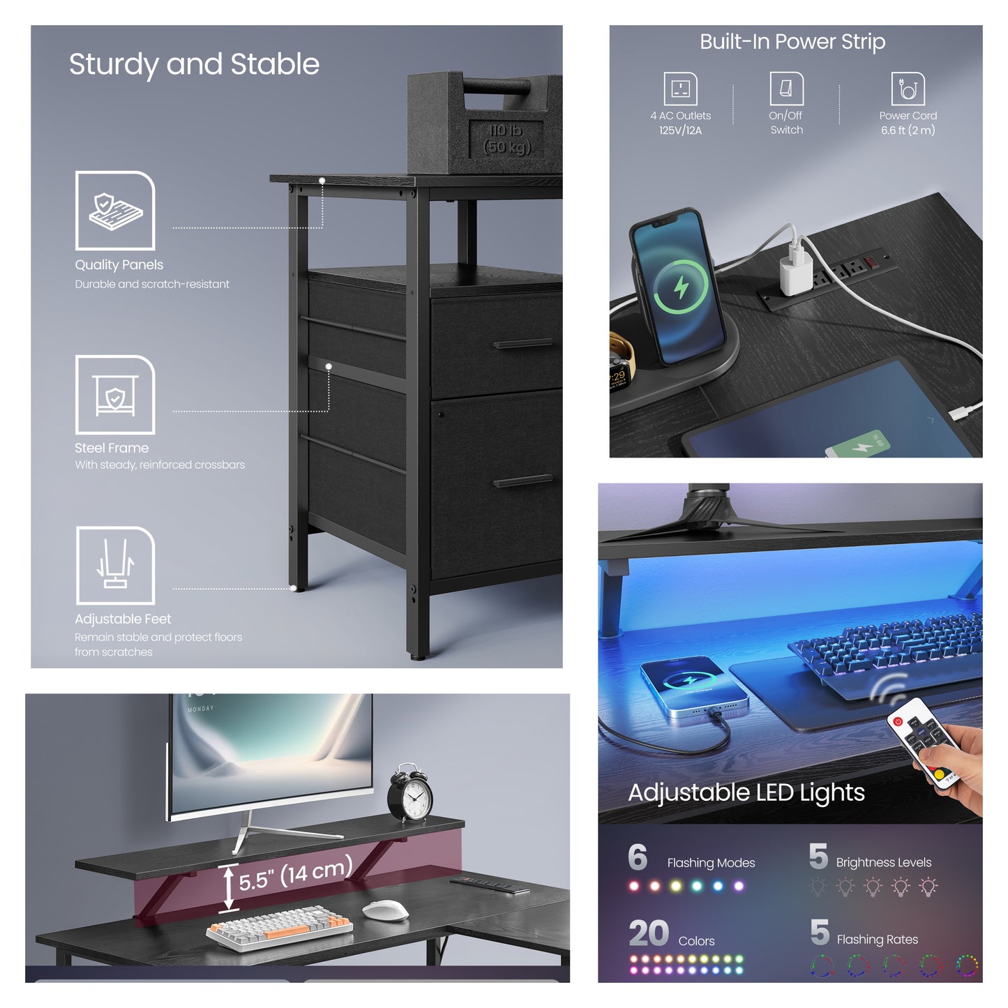 L-Shaped Computer Desk with LED Lights & Power Outlets, Gaming Desk with Monitor Stand & 2 Drawers, Corner Desk for Home Office, Ebony Black