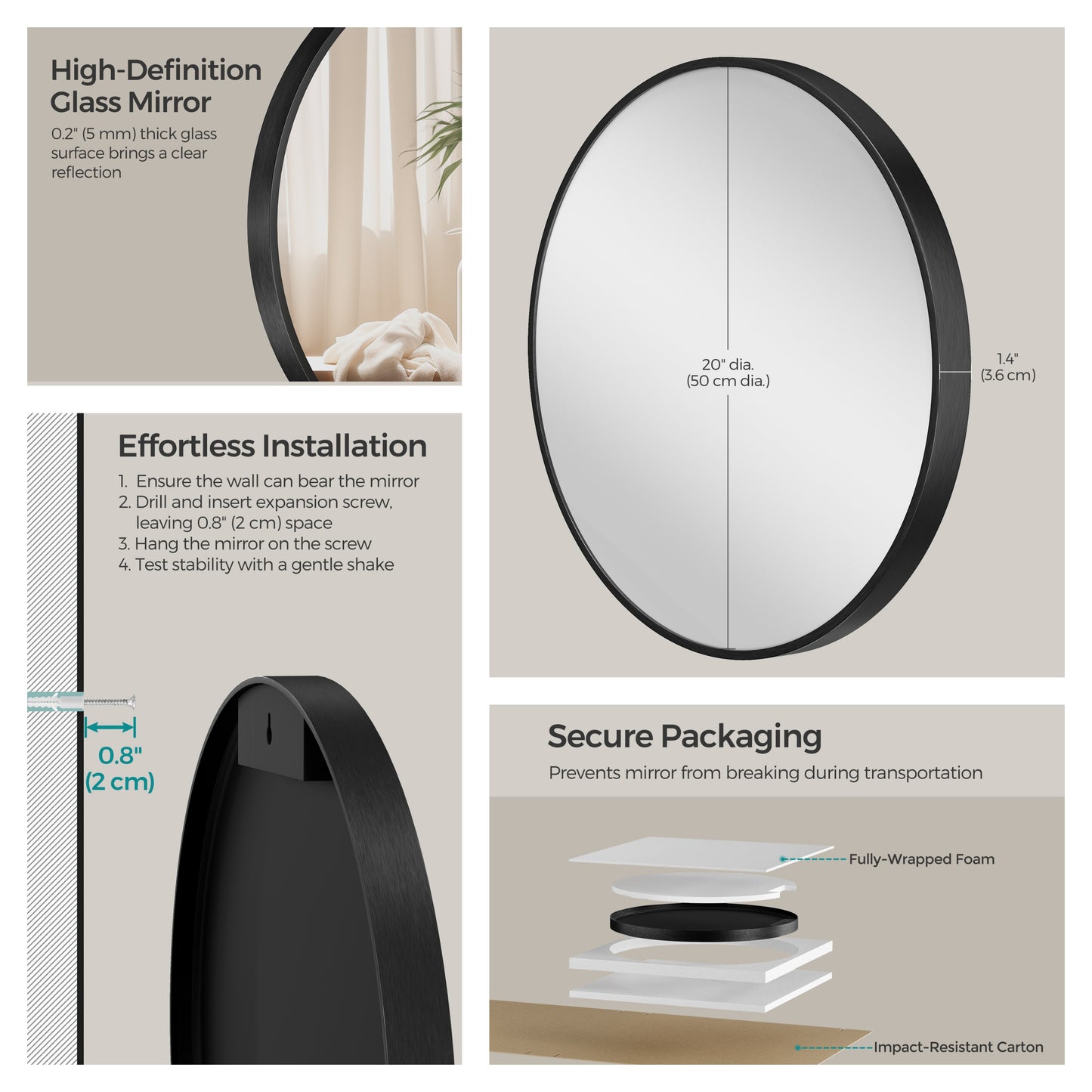 20" Round Bathroom Mirror, Black Circle Wall Mirror with Metal Frame, for Bathroom Over Sink, Bedroom, Living Room, Entryway, Ink Black