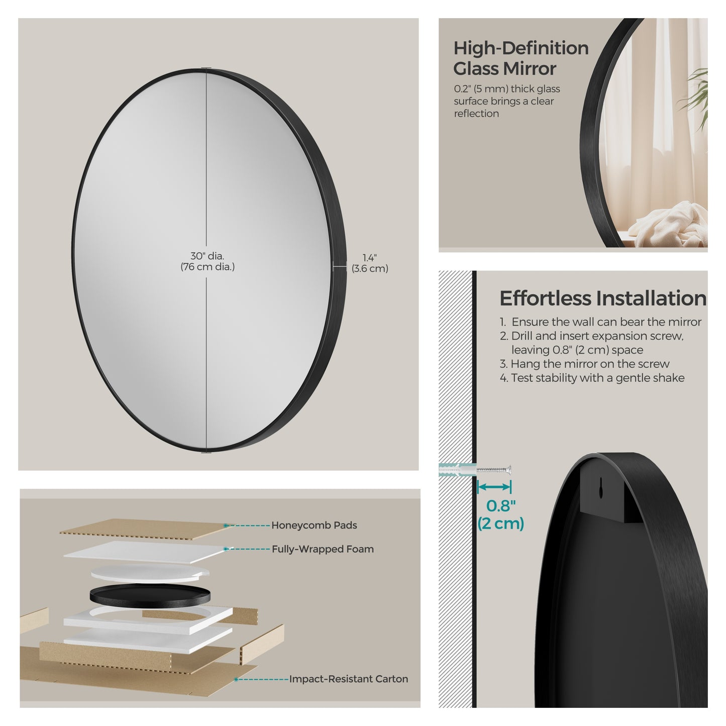 30" Round Bathroom Mirror, Large Black Circle Wall Mirror with Metal Frame, for Bathroom Over Sink, Living Room, Entryway, Ink Black