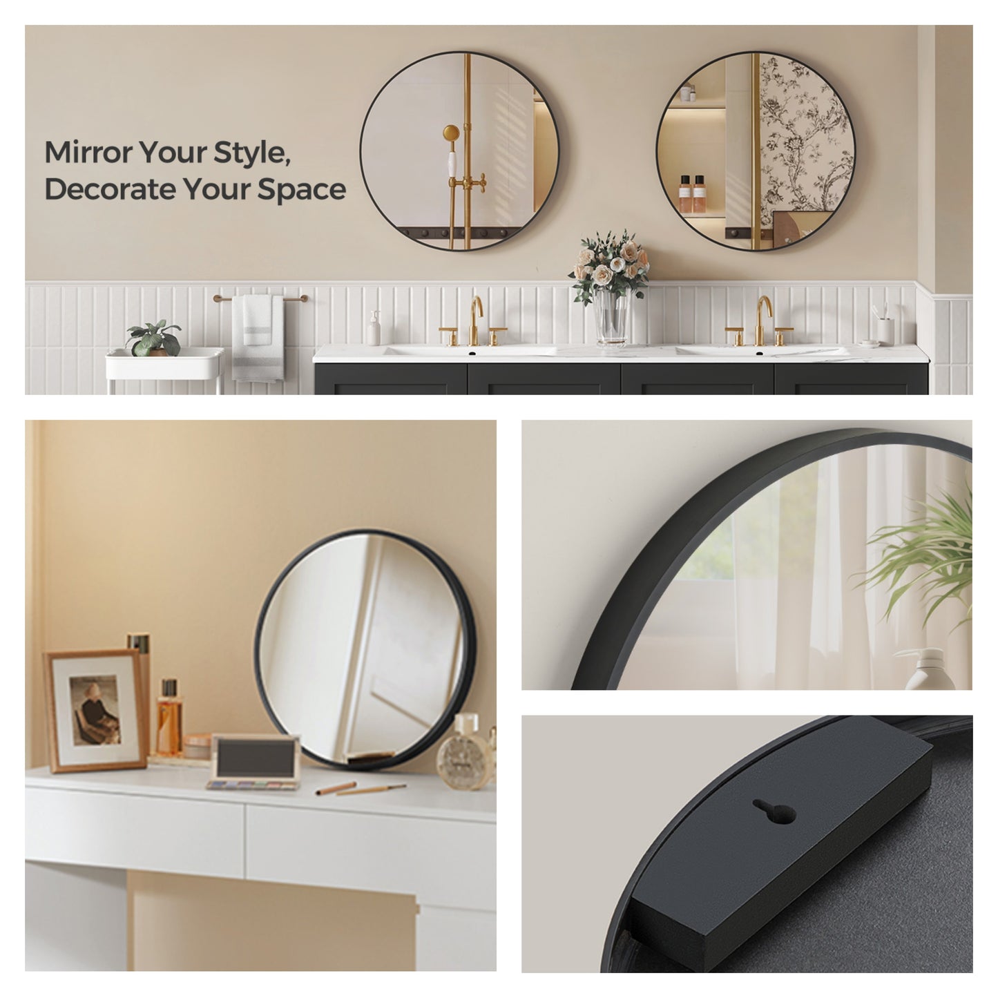 30" Round Bathroom Mirror, Large Black Circle Wall Mirror with Metal Frame, for Bathroom Over Sink, Living Room, Entryway, Ink Black
