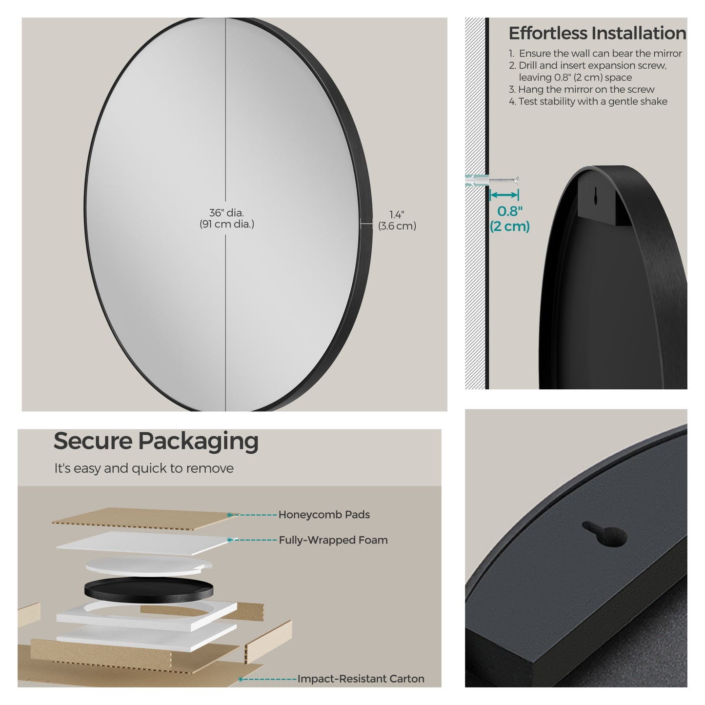 36" Round Bathroom Mirror, Large Black Circle Wall Mirror with Metal Frame, for Bathroom Over Sink, Living Room, Entryway, Ink Black