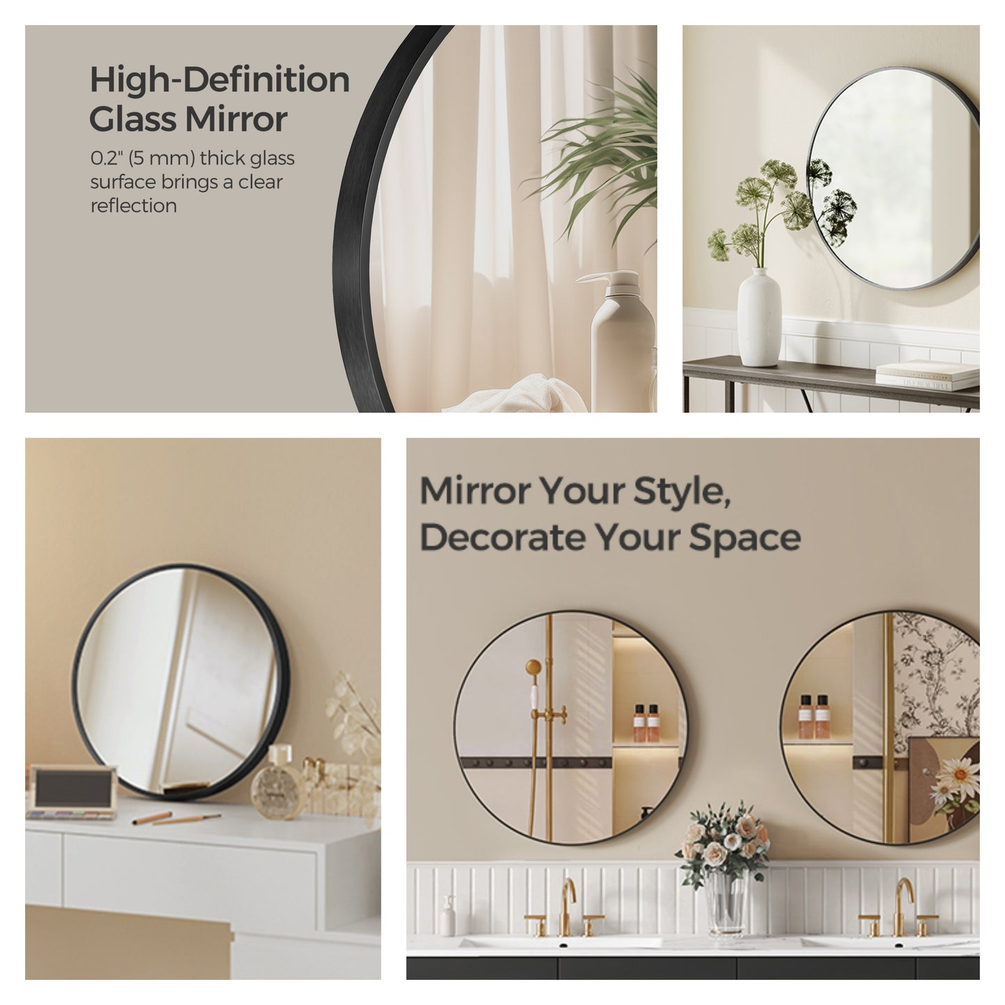 36" Round Bathroom Mirror, Large Black Circle Wall Mirror with Metal Frame, for Bathroom Over Sink, Living Room, Entryway, Ink Black