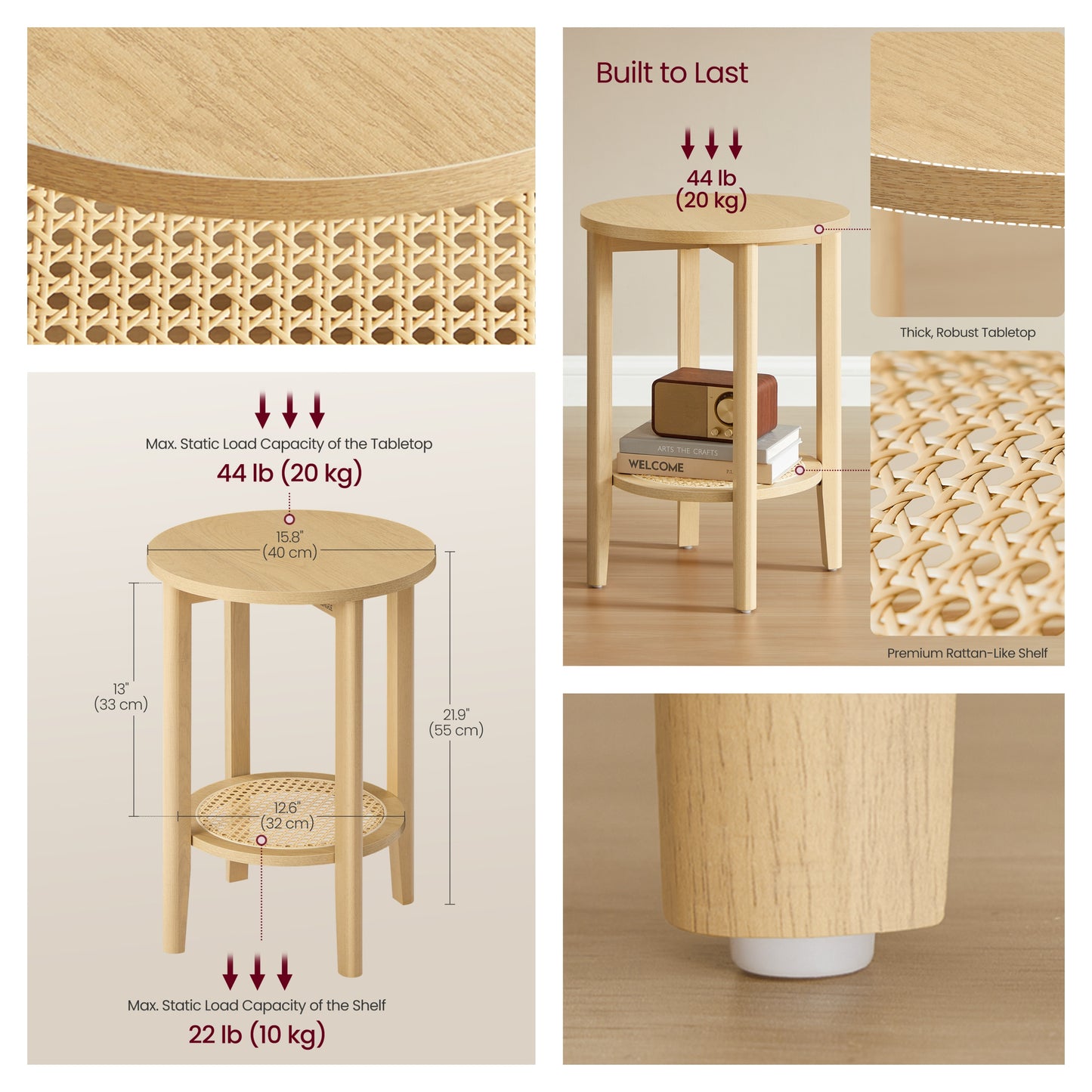 2-Tier Round Side Table with Rattan-Look Shelf, Boho Nightstand for Small Spaces, Living Room and Bedroom, Oak Beige