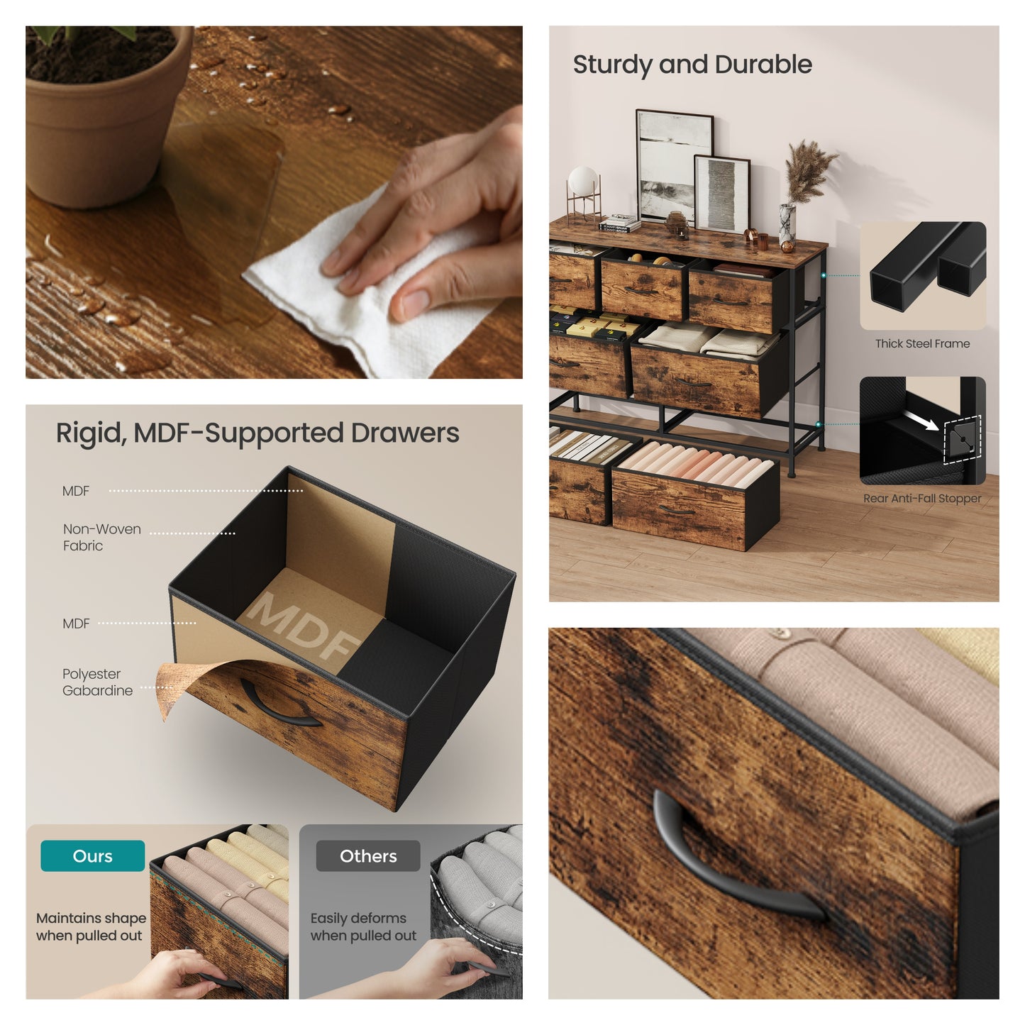 7-Drawer Storage Dresser with Steel Frame, Fabric Drawer Organizer for Bedroom, Closet and TV Stand Use, Rustic Brown and Ink Black