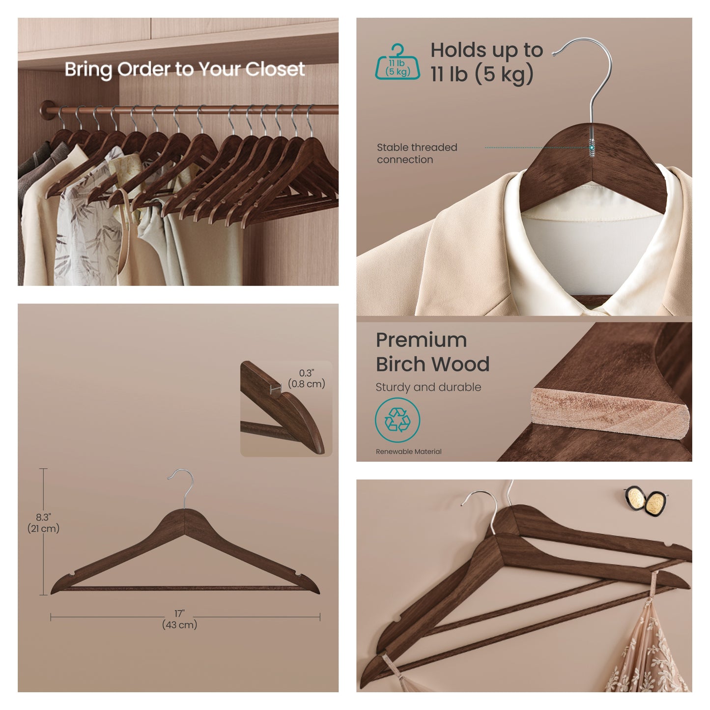 Pack of 30 Solid Birch Wood Hangers with Pants Bar, 0.3-Inch Slim Coat Hangers with 360° Swivel Hooks, Walnut Brown