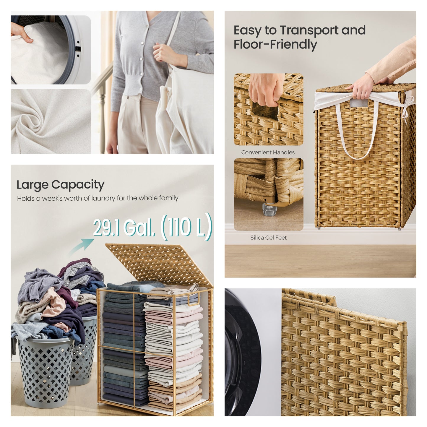 29.1 Gallon Laundry Hamper with Lid, Foldable Rattan Clothes Basket with Removable Liner, Space-Saving Design, Goose Yellow
