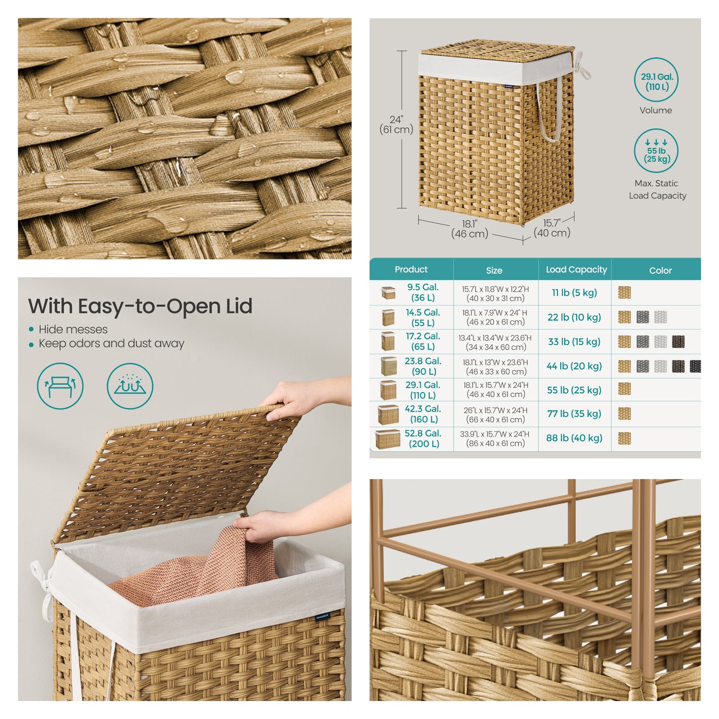 29.1 Gallon Laundry Hamper with Lid, Foldable Rattan Clothes Basket with Removable Liner, Space-Saving Design, Goose Yellow