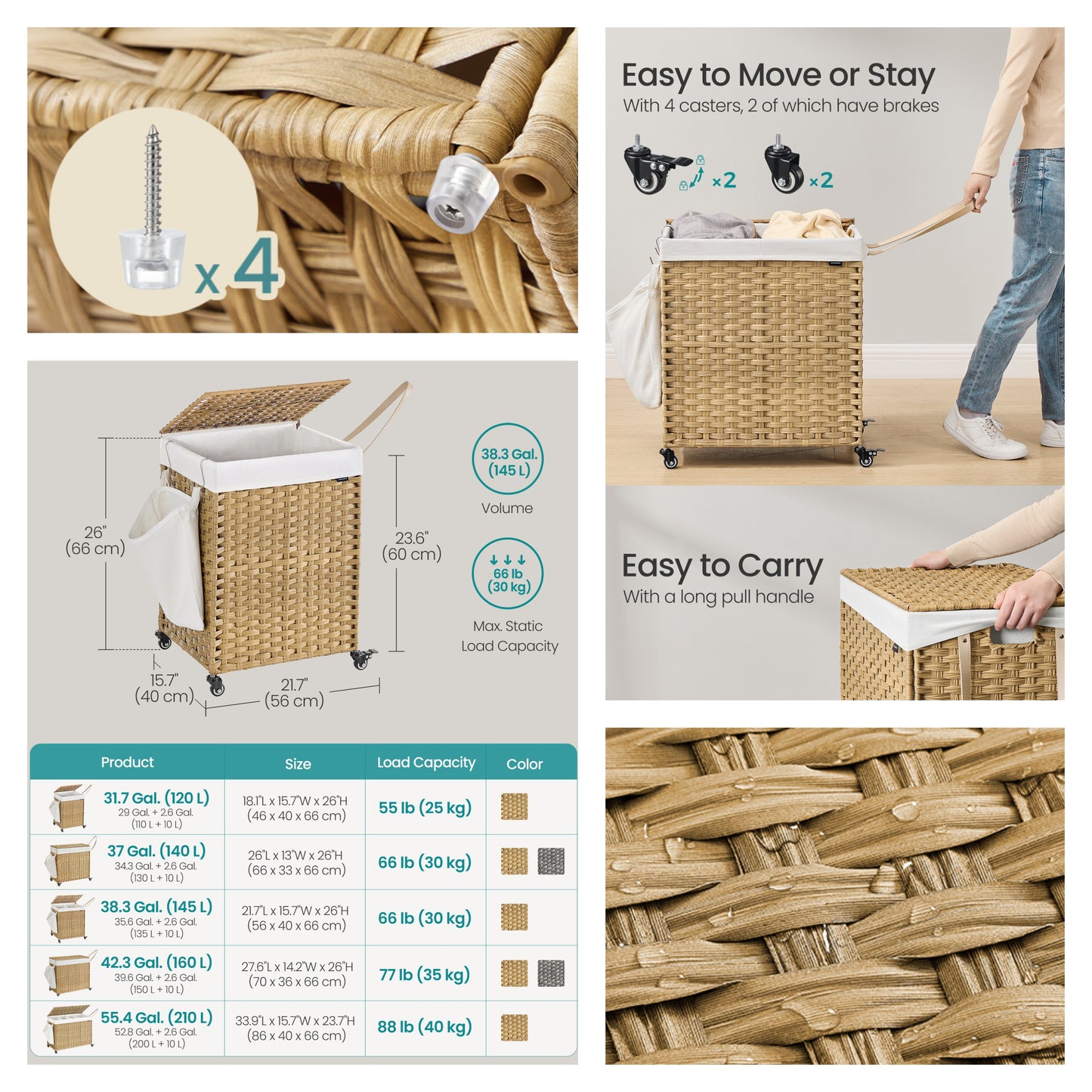 38.3 Gallon Rolling Laundry Hamper with Wheels, 2-Section Laundry Basket with Removable Liner, Synthetic Rattan, Natural Color