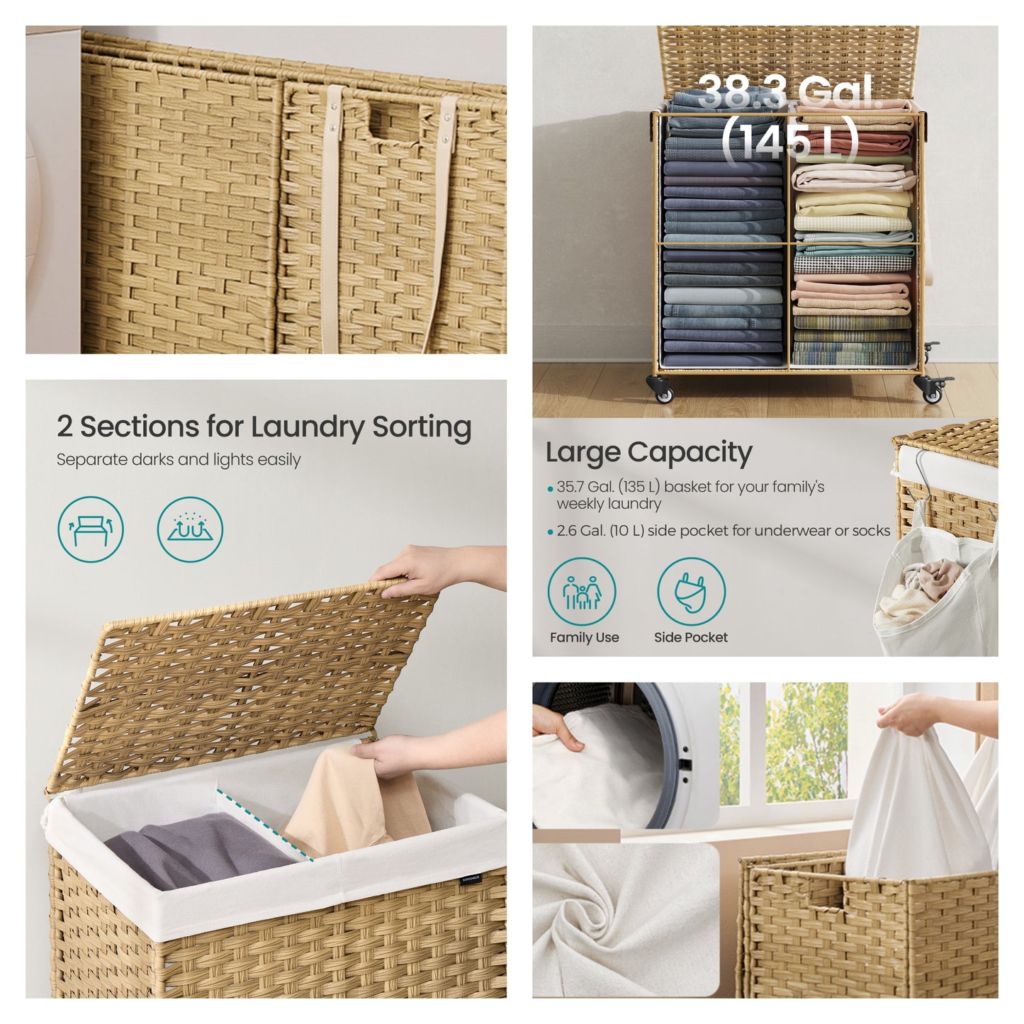 38.3 Gallon Rolling Laundry Hamper with Wheels, 2-Section Laundry Basket with Removable Liner, Synthetic Rattan, Natural Color