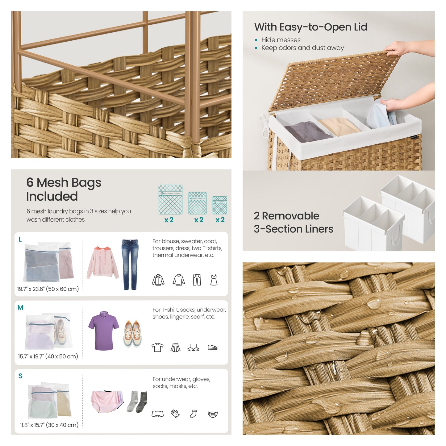 160 L Laundry Hamper with Lid, 3-Section Wicker Basket with Removable Liners and Mesh Bags, Double Laundry Organizer, Natural