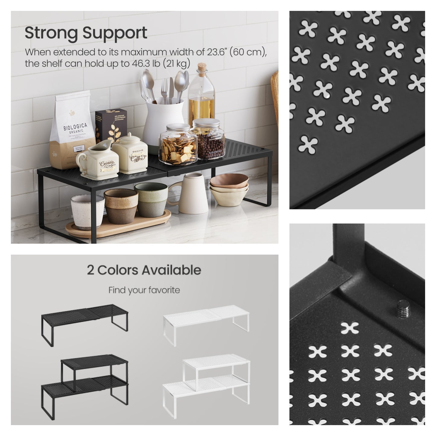 Expandable Spice Rack, Countertop Shelf Organizer, Adjustable 15-23.6 Inch Metal Cupboard Shelf for Kitchen, Matte Black