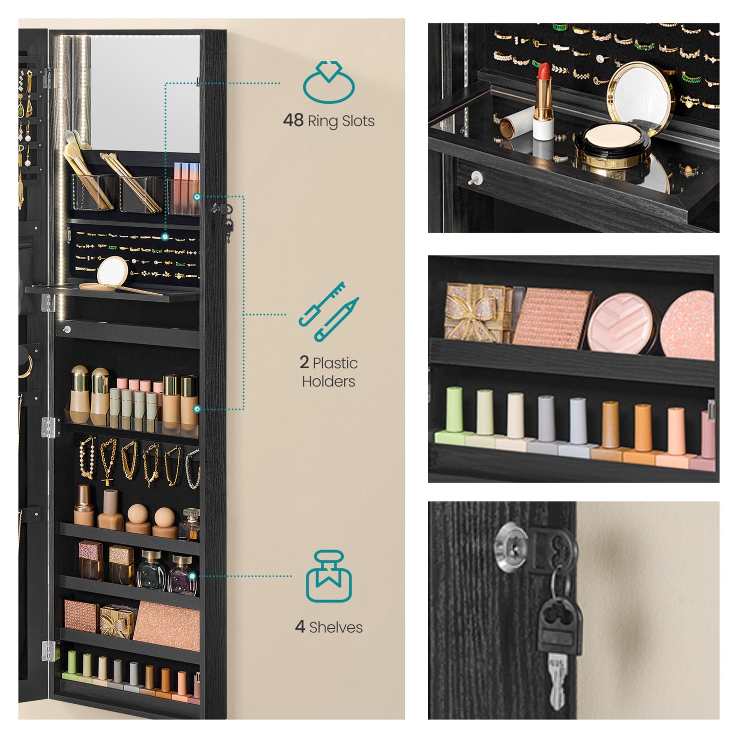 55.1-Inch Tall Spacious Jewelry Cabinet, Jewelry Armoire with Light-Up Interior Mirror, Wall or Door Mounted Jewelry Storage Organizer, Lockable, Gift, Black