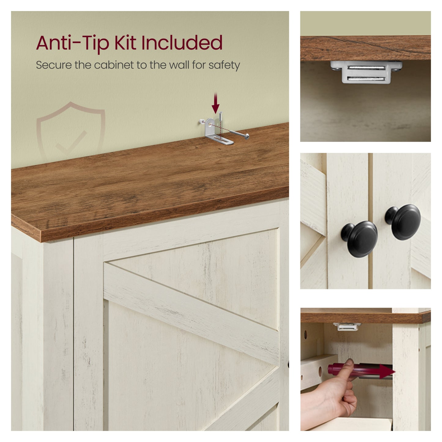 Over the Toilet Storage Cabinet, Farmhouse Bathroom Organizer with Barn Doors, 31.3 x 9.9 x 66.6 Inches, White and Tan