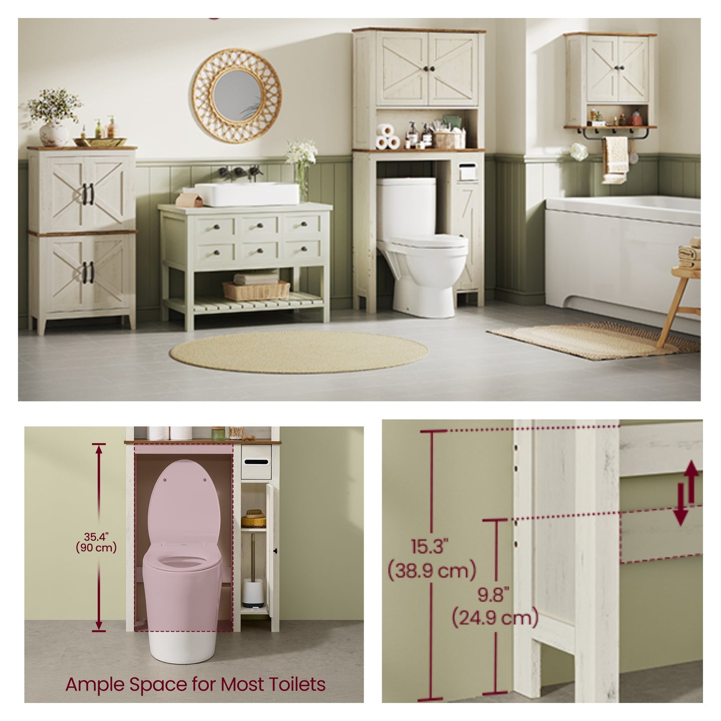 Over the Toilet Storage Cabinet, Farmhouse Bathroom Organizer with Barn Doors, 31.3 x 9.9 x 66.6 Inches, White and Tan