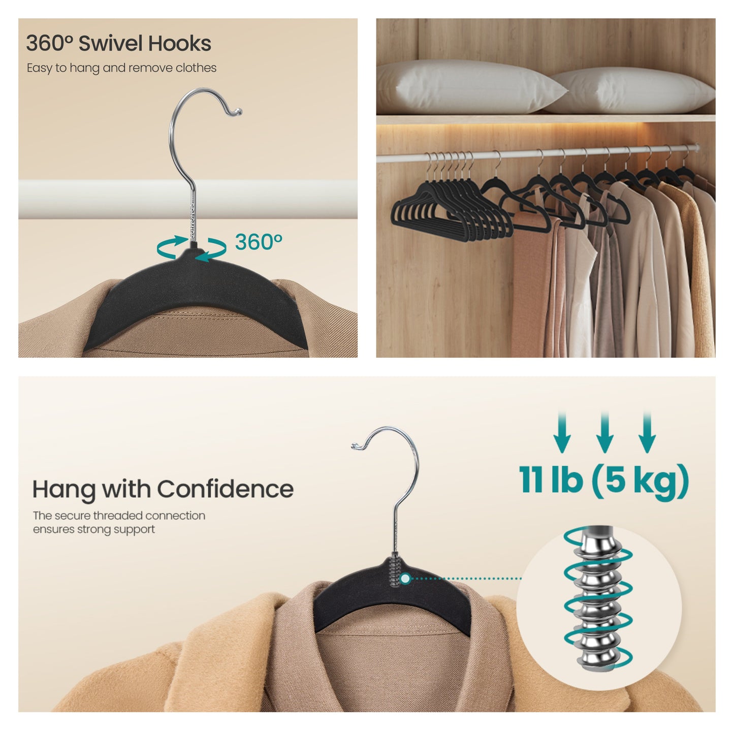 Velvet Hangers 150 Pack, Space-Saving Non-Slip for Closet, Silver Swivel Hooks, Black