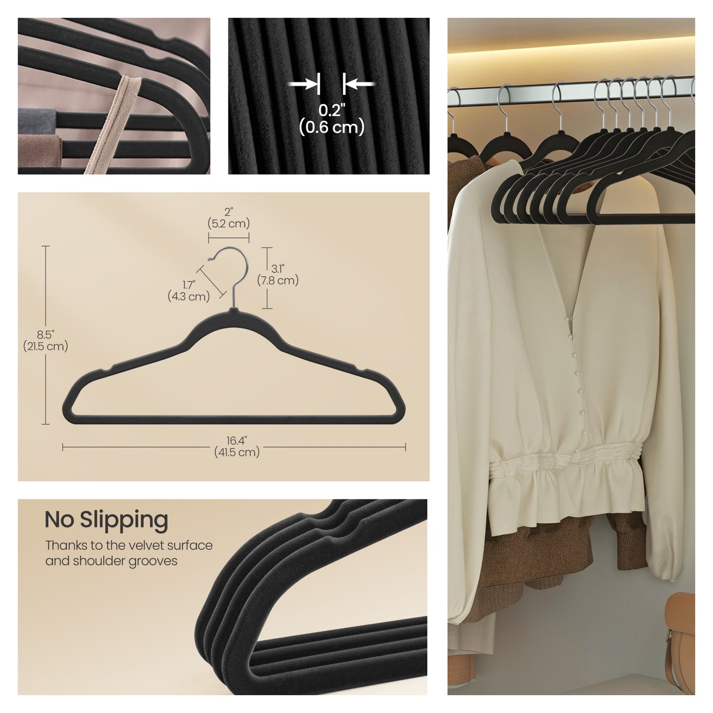 Velvet Hangers 150 Pack, Space-Saving Non-Slip for Closet, Silver Swivel Hooks, Black