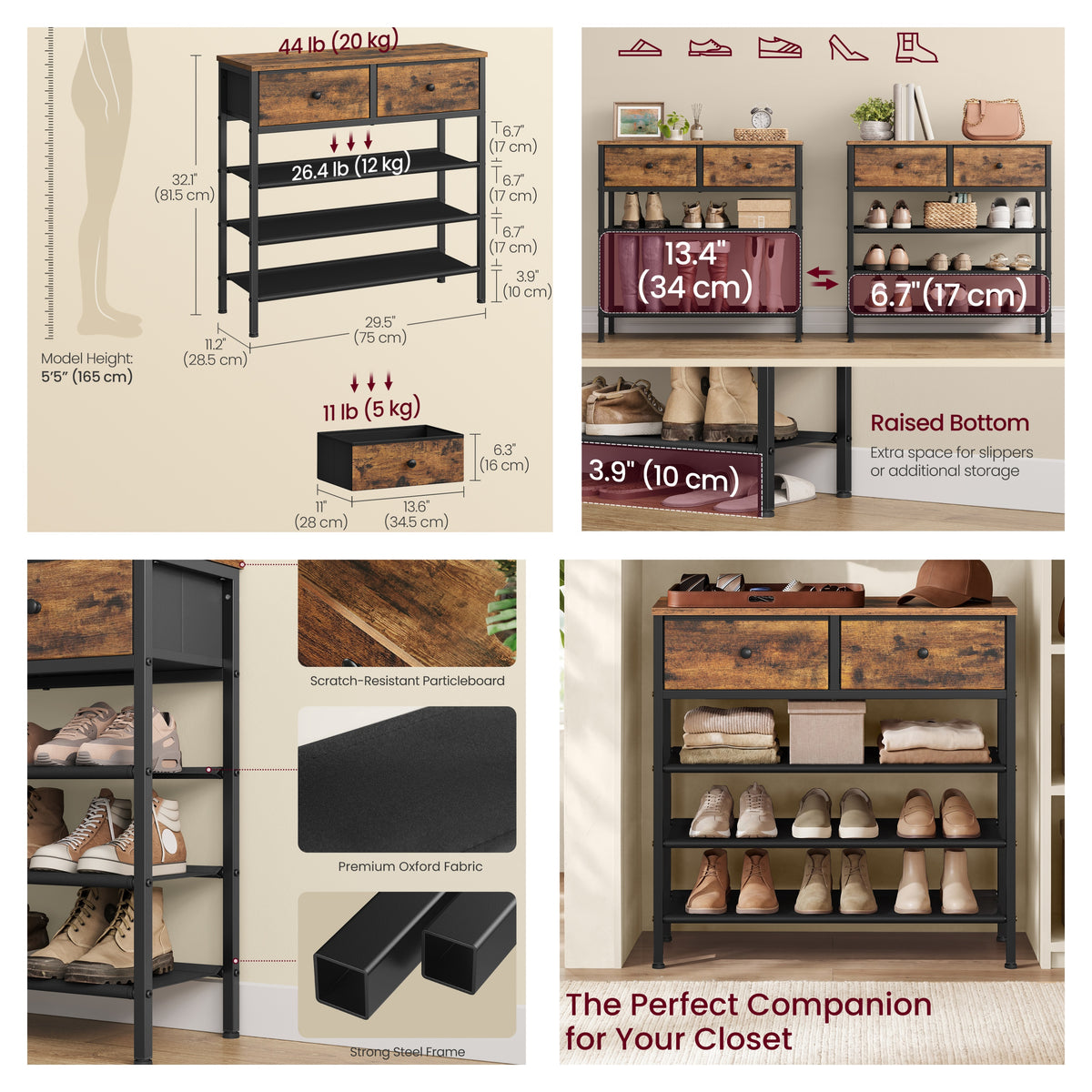 4-Tier Shoe Rack, Shoe Storage Shelf with 3 Fabric Shelves and Top Surface, for Closet Entryway, Tan and Black