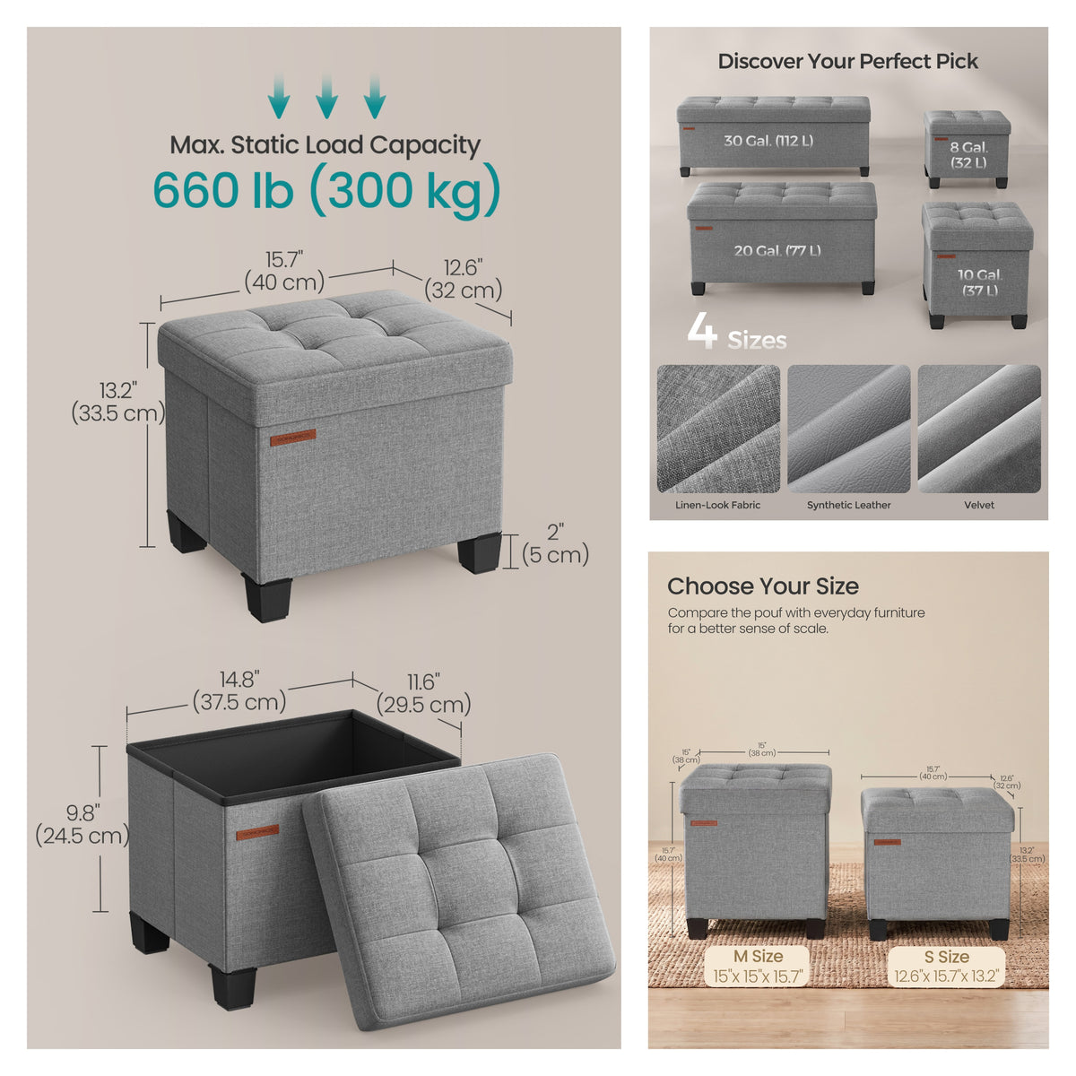 LEDREM Collapsible Storage Ottoman, Upholstered Foot Stool with Cushion, 15.7 x 12.6 x 13.2 Inches, Gray and Black