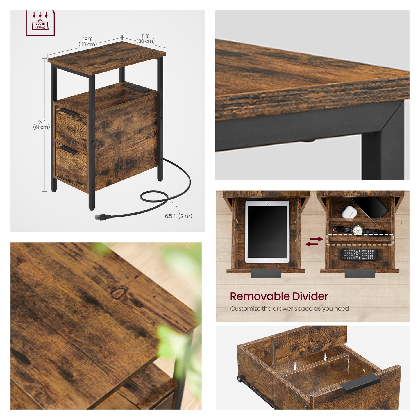 Narrow Side End Table with Charging Station and 2 Drawers, 18.9 x 11.8 x 24 Inches, Rustic Brown