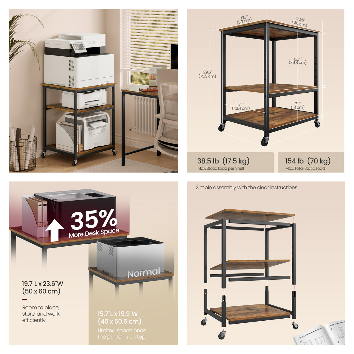 LEDREM 3-Tier Printer Rack, Home Office Under Desk Shelves, Mobile Cart with Wheels, Tan