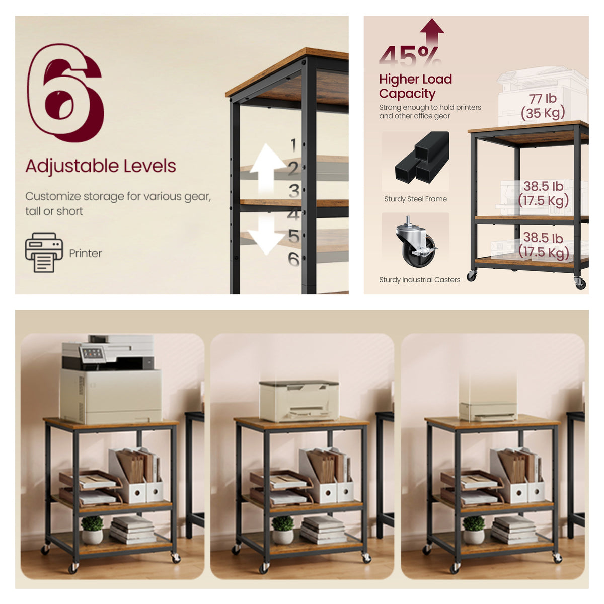 LEDREM 3-Tier Printer Rack, Home Office Under Desk Shelves, Mobile Cart with Wheels, Tan
