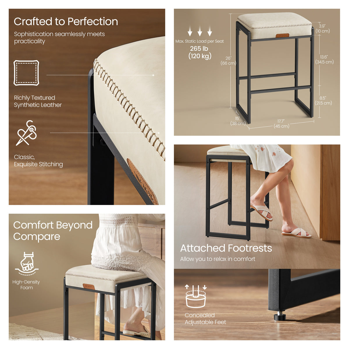 LEDREM Kitchen Counter Stools, Bar Stools Set of 2, PU Leather with Stitching, Transitional, 26-Inch Tall, Home Bar Dining Room, White