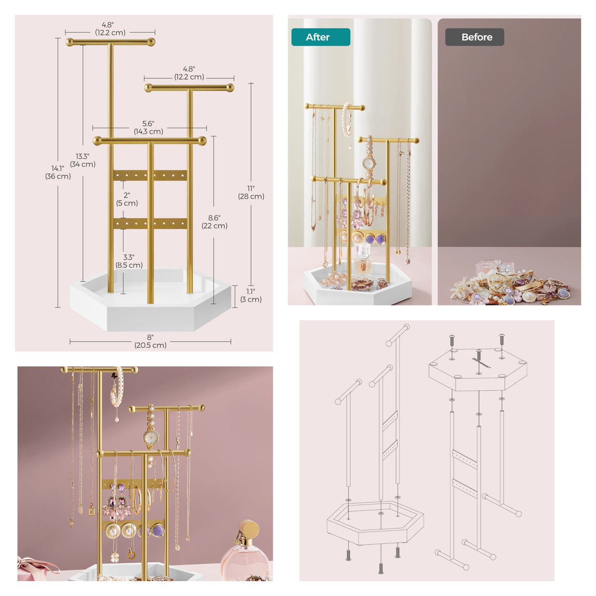 LEDREM 2-Piece Ring Jewelry Holder Set, 3-Tier Metal Stand with Tray, T-Bar Organizer for Rings & Bracelets, Tabletop Display, Pale Gold & White
