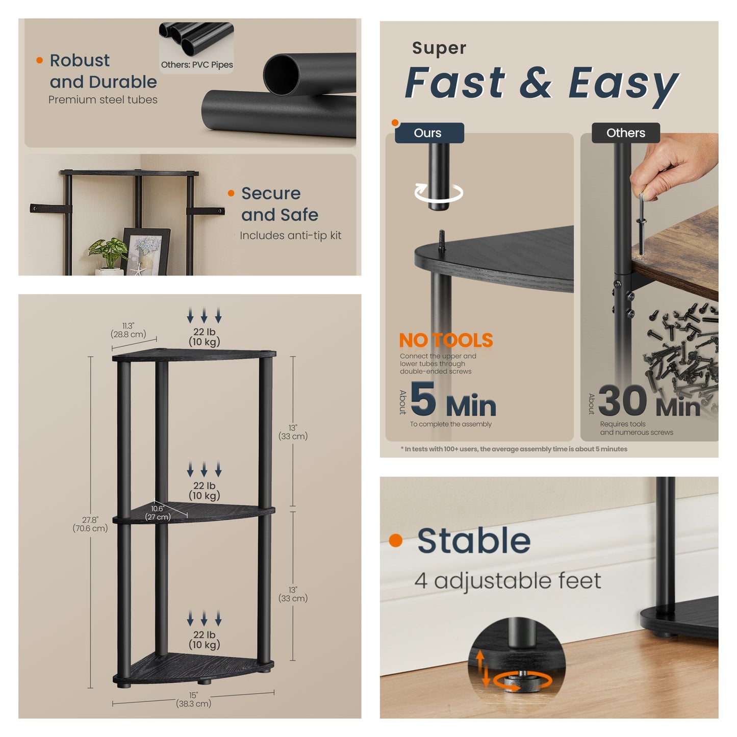 3-Tier Corner Shelf with Toolless Assembly, 15 x 10.6 Inch Standing Shelf for Living Room, Bedroom and Kitchen, Ink Black