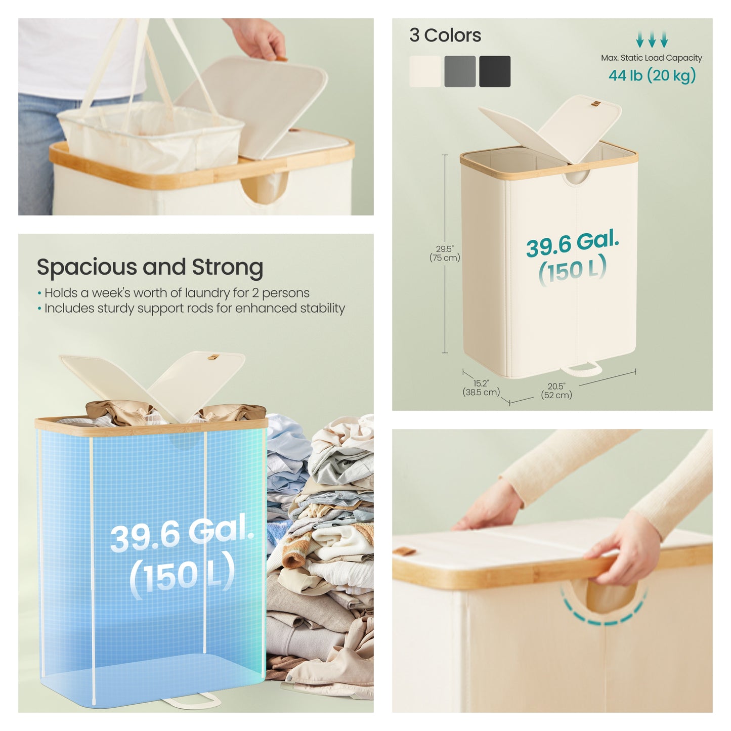 39 Gallon Dual Compartment Laundry Hamper with Removable Liners, 2 Lid Laundry Basket for Bedroom and Living Room, Cream White and Light Bamboo
