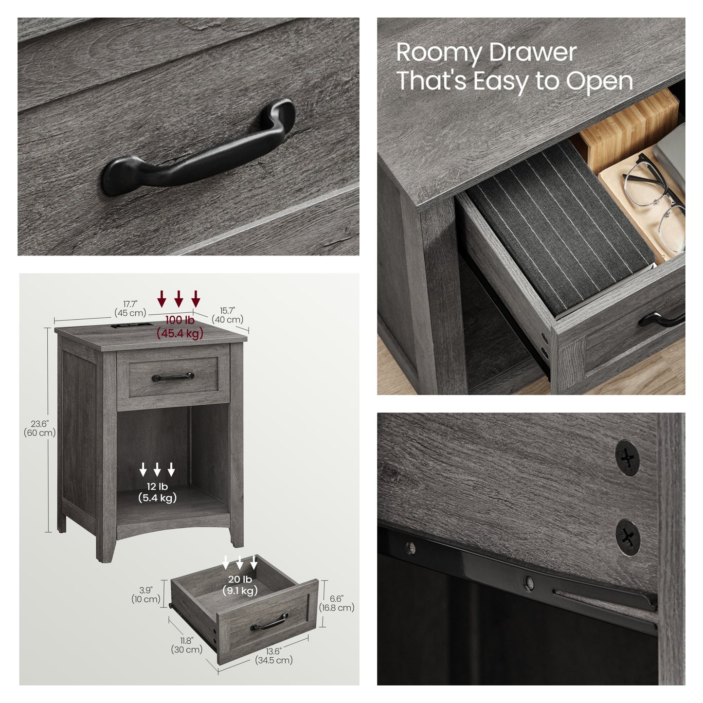 Set of 2 Farmhouse Nightstands with Charging Station, Side Tables with Drawer and Open Shelf for Bedroom, Misty Gray