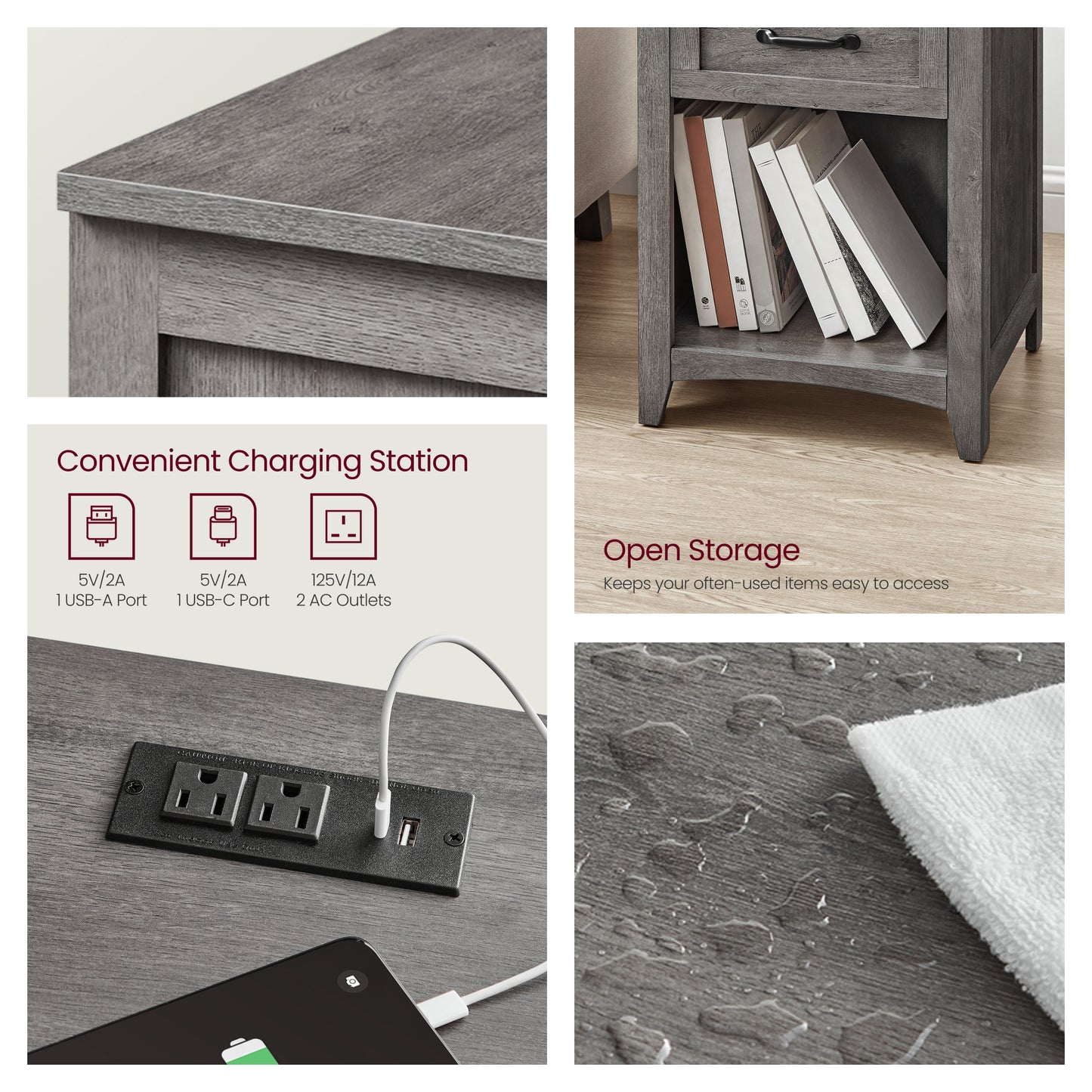 Set of 2 Farmhouse Nightstands with Charging Station, Side Tables with Drawer and Open Shelf for Bedroom, Misty Gray