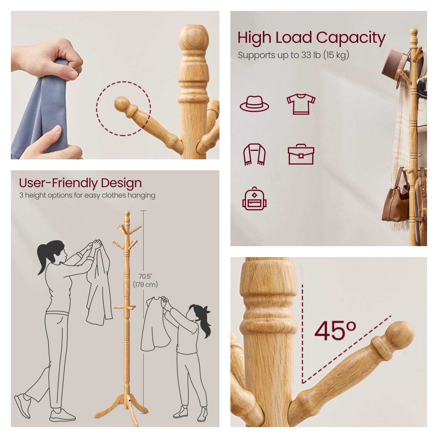 Solid Wood Coat Rack with 10 Hooks, Free Standing Coat Tree for Entryway and Hallway, Rubberwood, Natural Beige