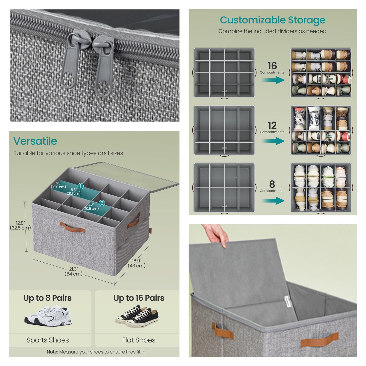 Pack of 2 Shoe Storage Bins with Clear Cover, Adjustable Dividers Fabric Organizers for 32 Pairs of Shoes, Dove Gray