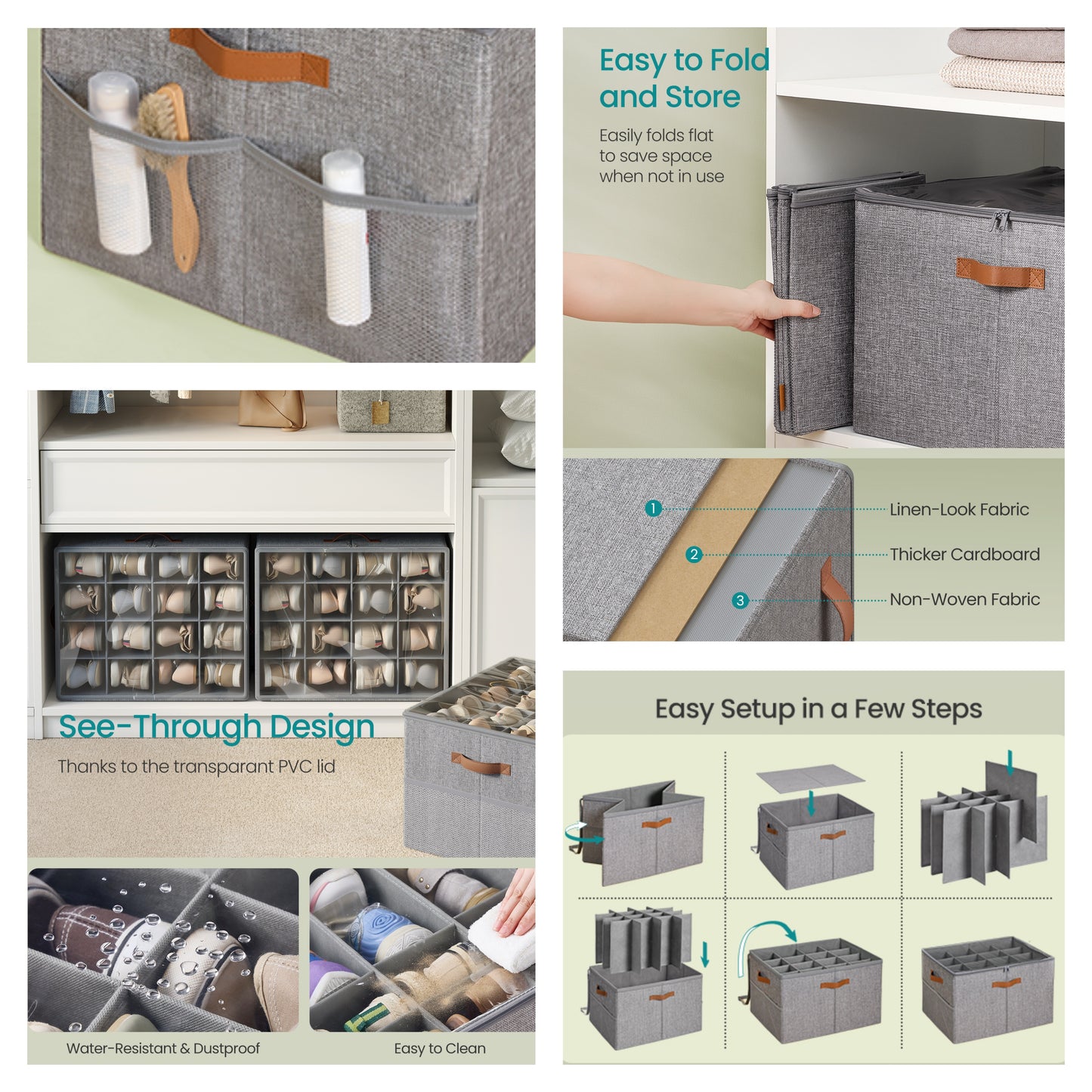 Pack of 2 Shoe Storage Bins with Clear Cover, Adjustable Dividers Fabric Organizers for 32 Pairs of Shoes, Dove Gray